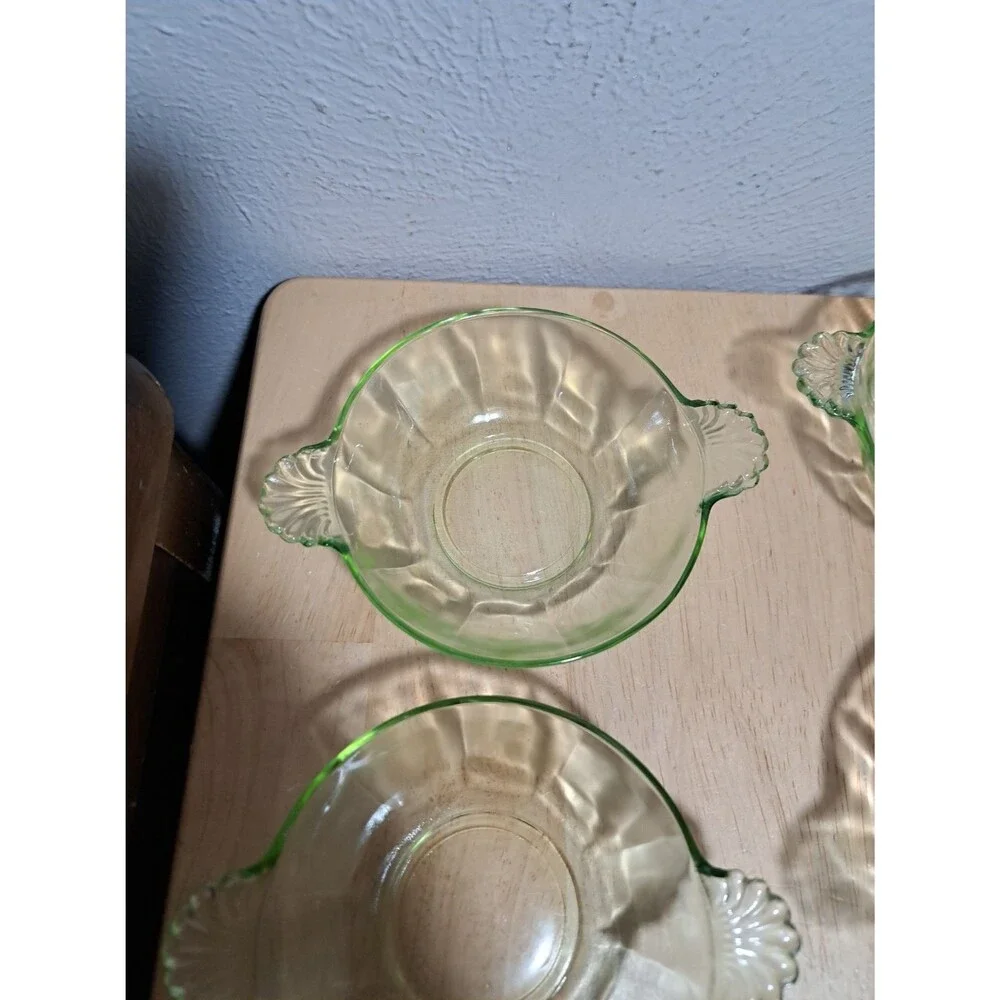 6 Vintage Uranium Glass Berry Dessert Bowls with Handles